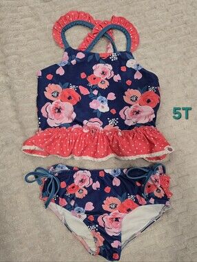cheeky plum Navy Floral Two-Piece Girls Swim Set with Coral Ruffle